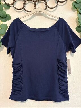 NWT Soft Surroundings Navy Ruched Side Short Sleeve Top